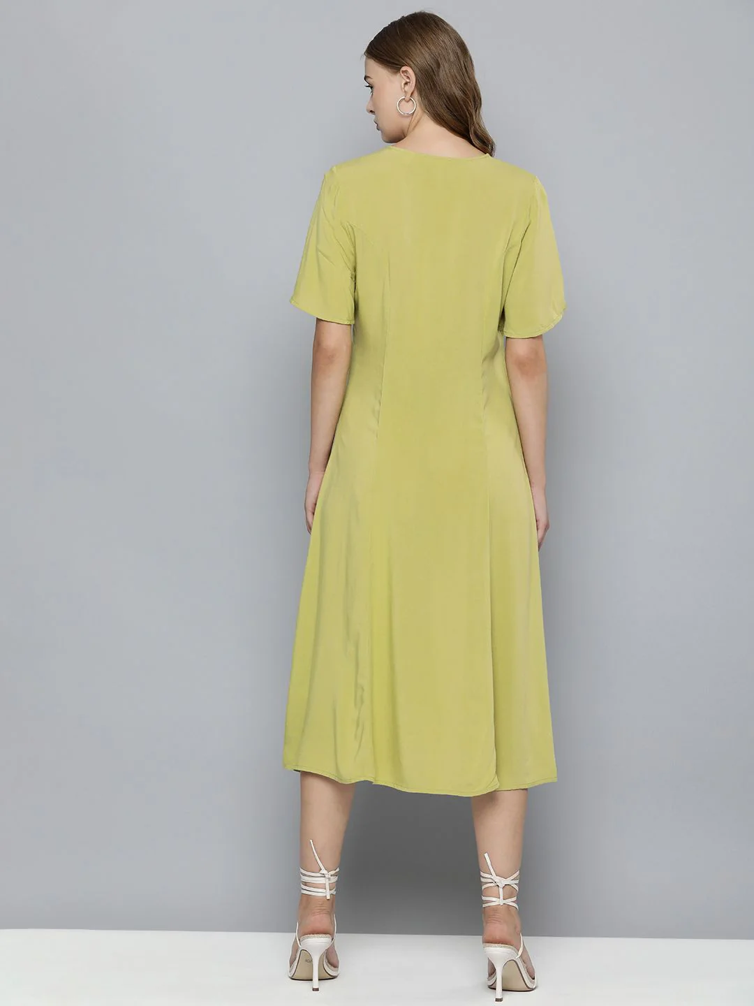 Women's Solid Green V Neck Dresses - Image 4