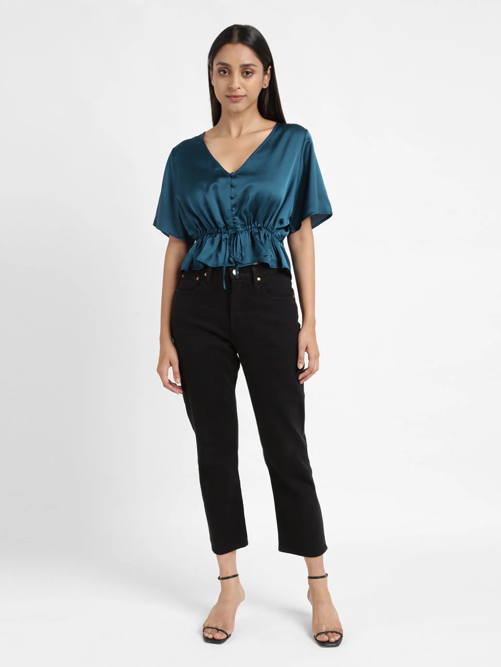 Women's Solid Green V Neck Top