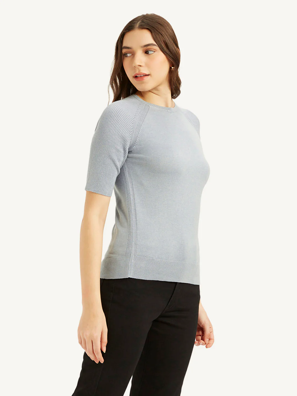 Women's Solid Greyish-Blue Crew Neck Top - Image 5
