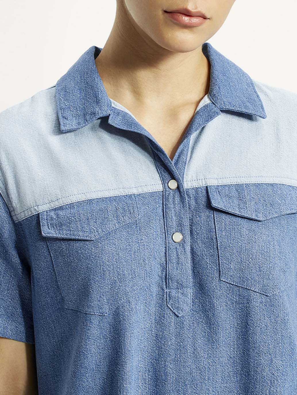 Women's Solid Indigo Shirt Collar Denim Dress - Image 3