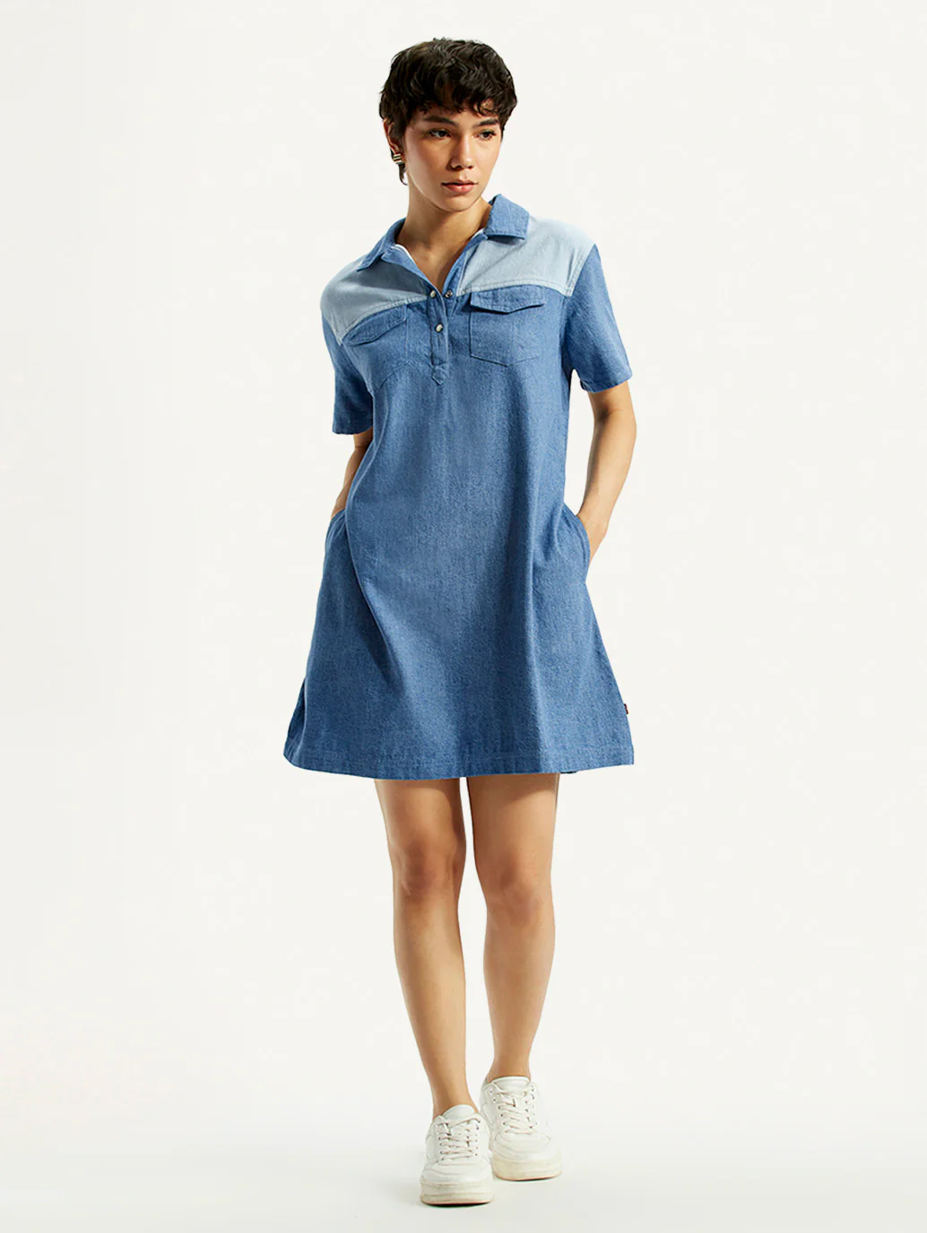 Women's Solid Indigo Shirt Collar Denim Dress - Image 5