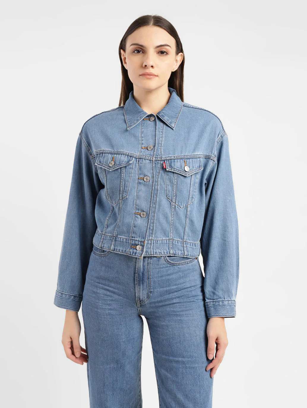 Women's Solid Indigo Spread Collar Trucker Jacket - Image 2