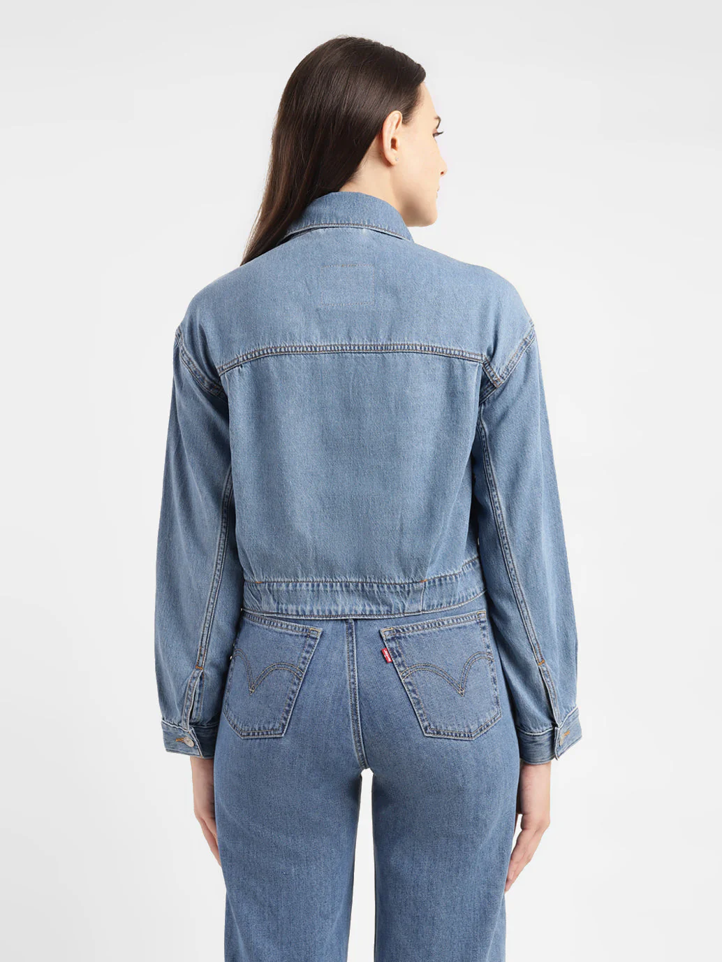 Women's Solid Indigo Spread Collar Trucker Jacket - Image 3
