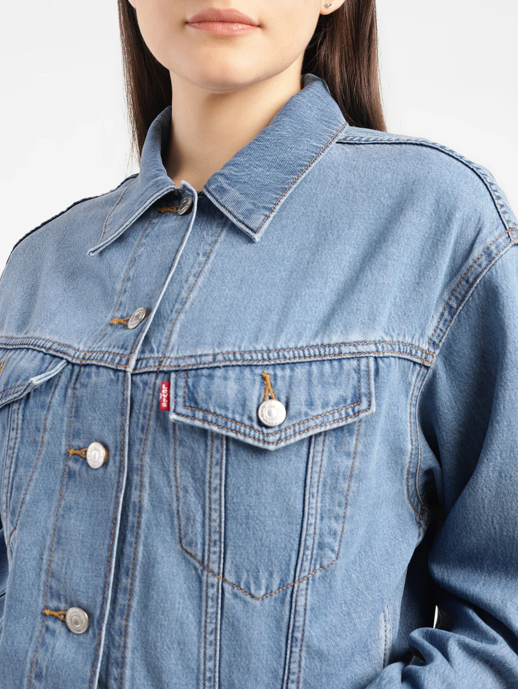 Women's Solid Indigo Spread Collar Trucker Jacket - Image 5