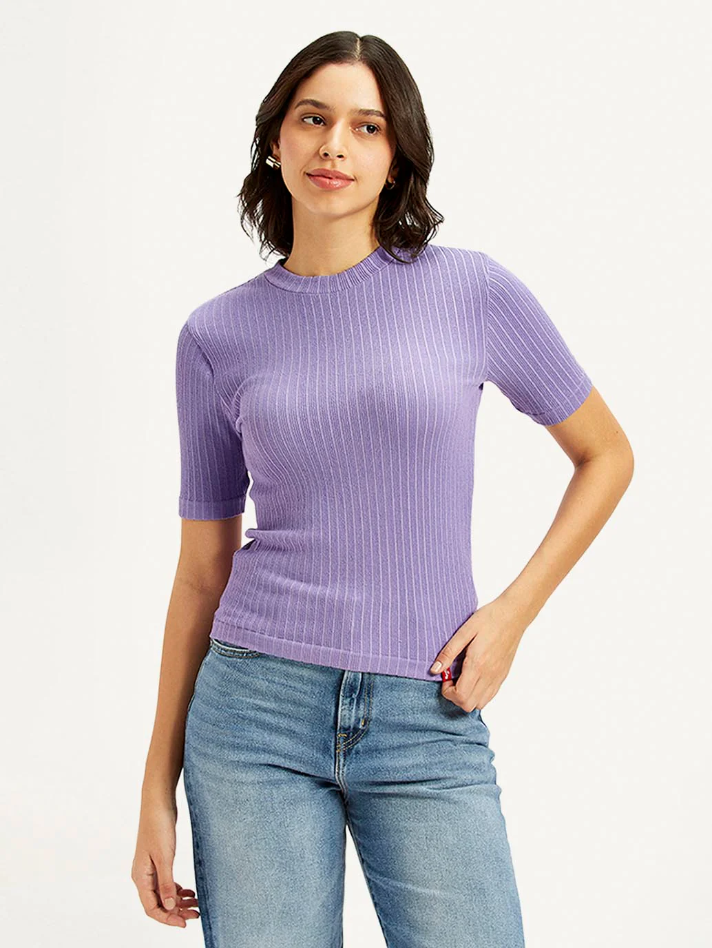 Women's Solid Lavender Crew Neck Top - Image 2