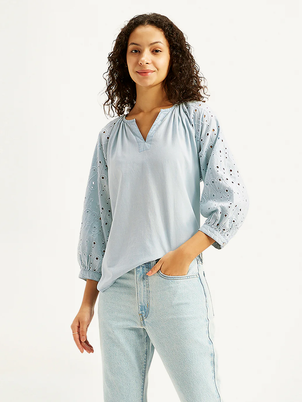 Women's Solid Light-Blue Peasant Top - Image 2