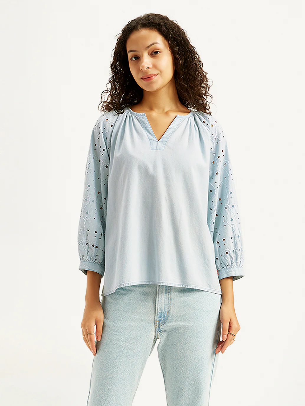 Women's Solid Light-Blue Peasant Top - Image 3