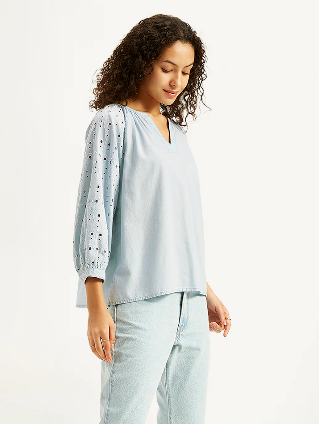 Women's Solid Light-Blue Peasant Top - Image 6