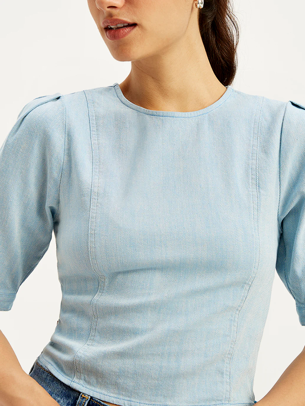 Women's Solid Light-Blue Round Neck Top - Image 3