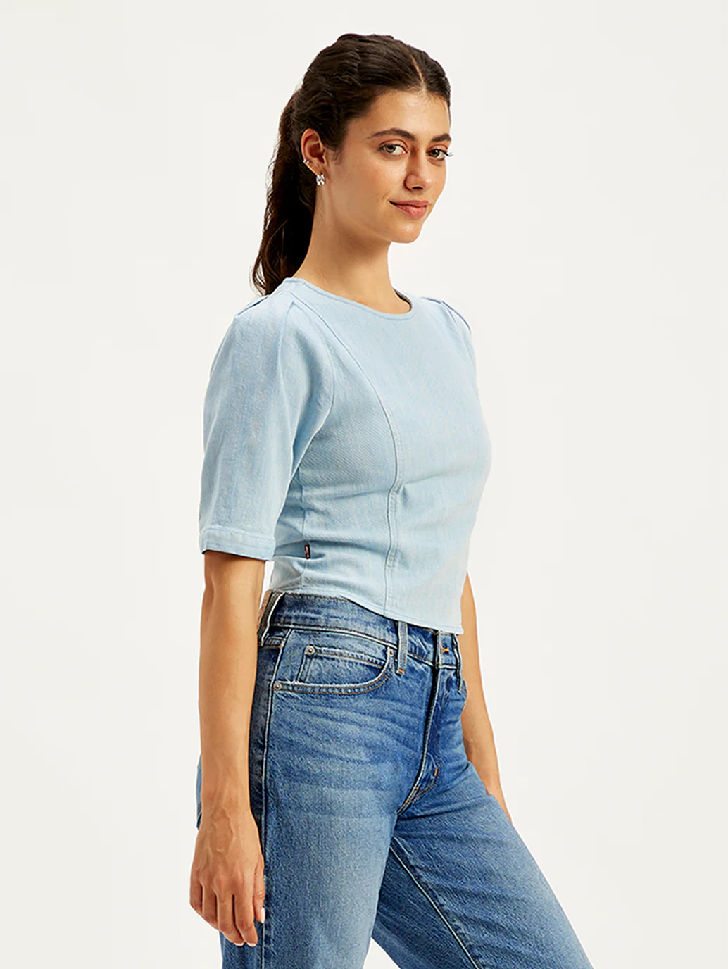 Women's Solid Light-Blue Round Neck Top - Image 4