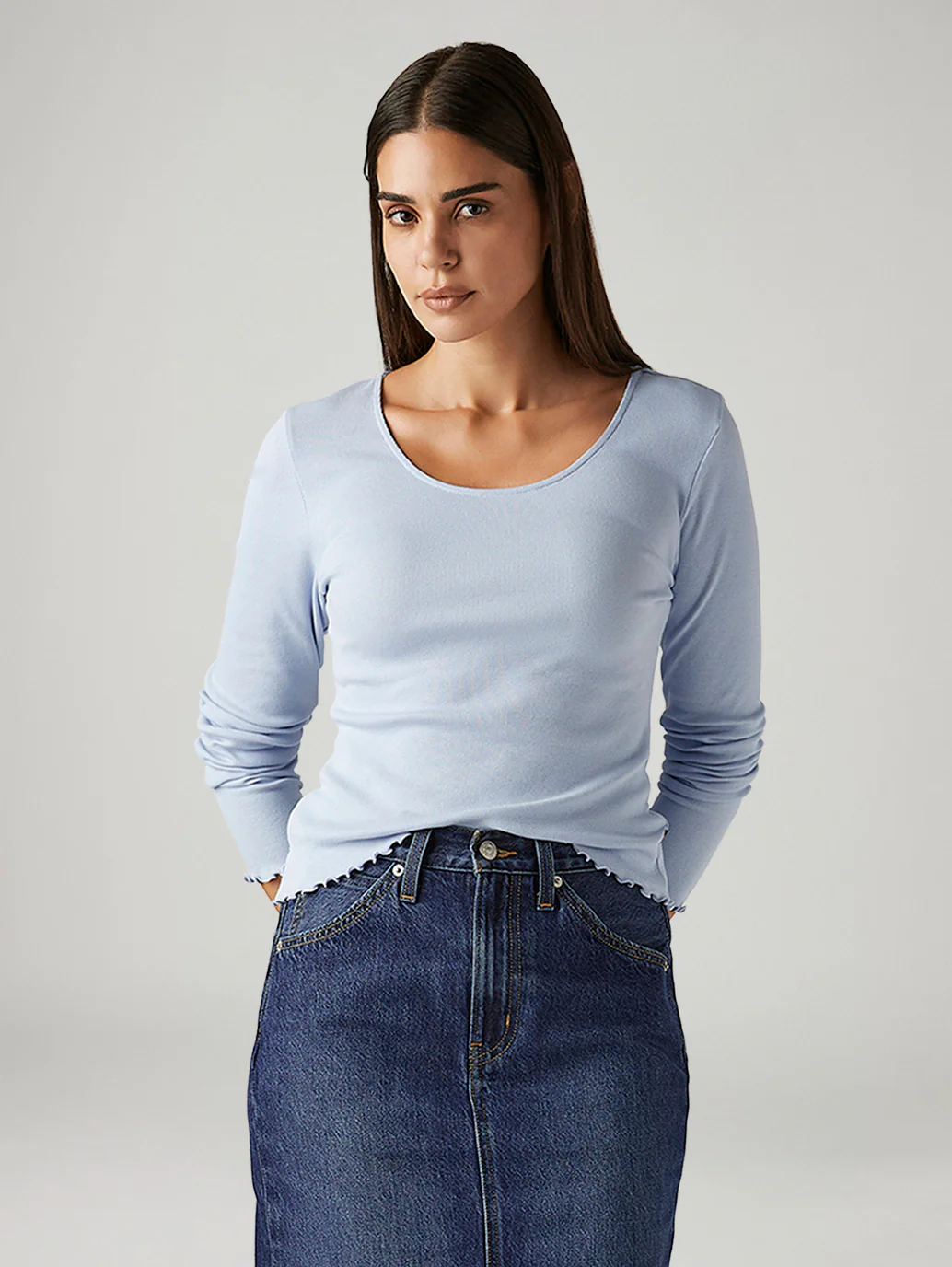Women's Solid Light Blue Slim Fit Ribbed Top