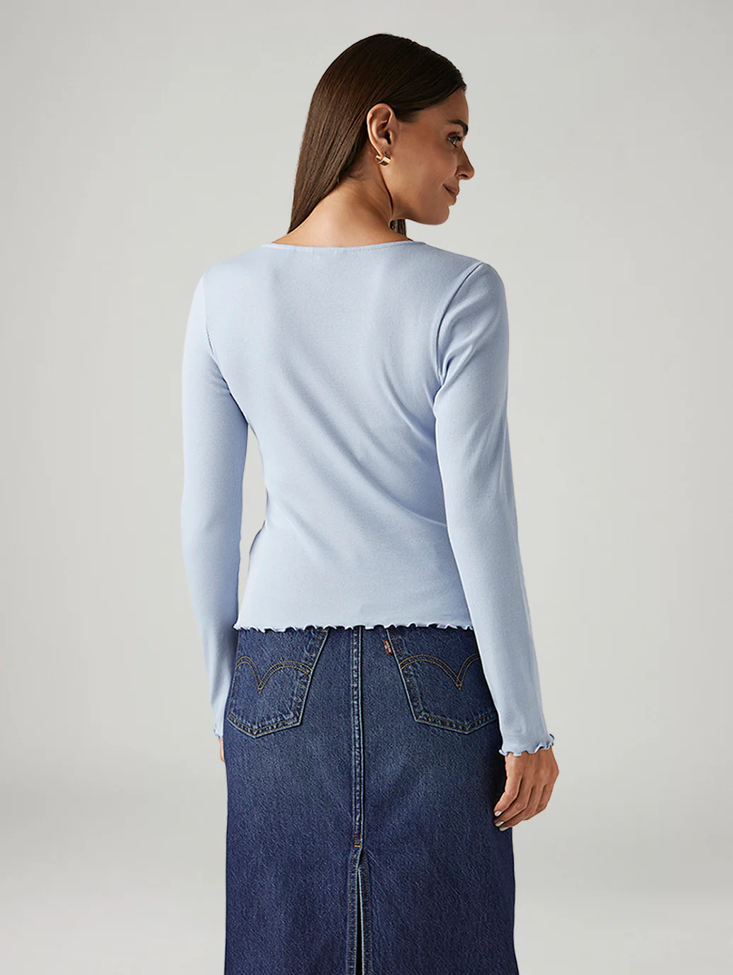 Women's Solid Light Blue Slim Fit Ribbed Top - Image 2