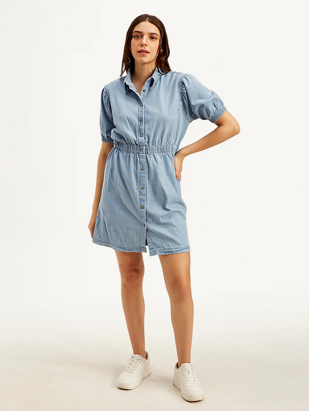 Women's Solid Light Blue Spread Collar Dress - Image 2