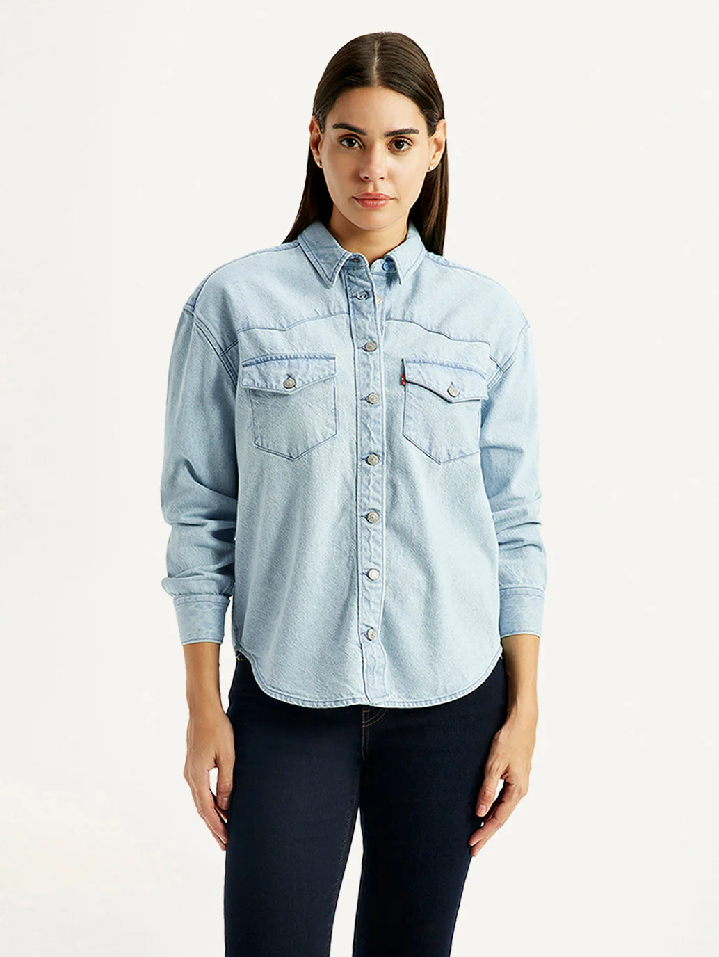 Women's Solid Light Blue Spread Collar Relaxed Fit Denim Shirt - Image 2