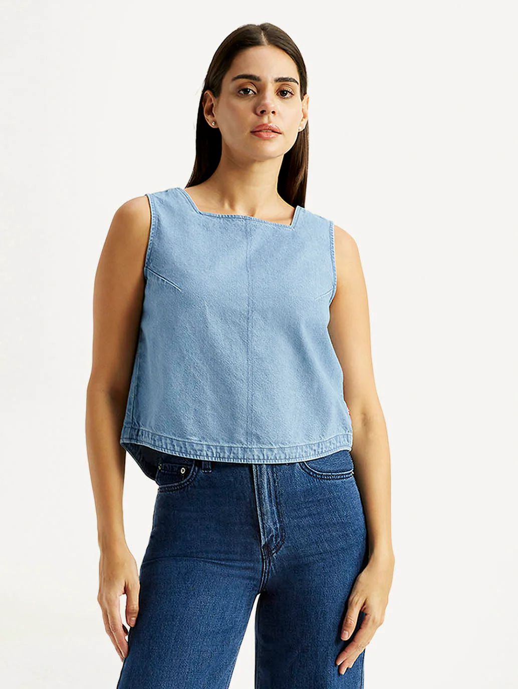 Women's Solid Light Blue Square Neck Top