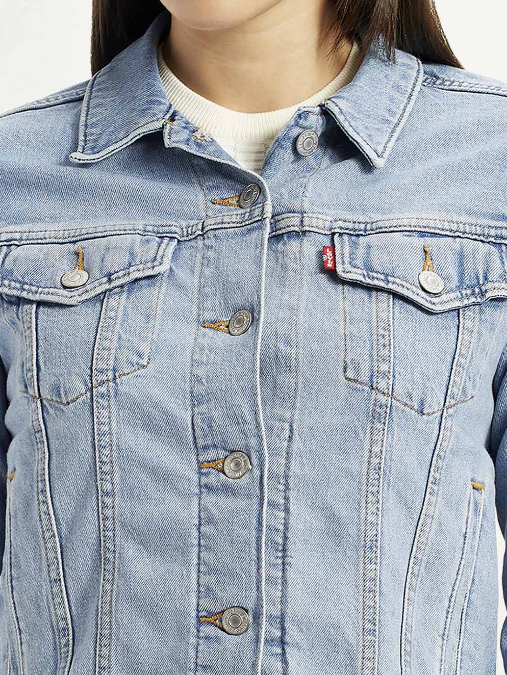Women's Solid Light Blue Trucker Jacket - Image 3