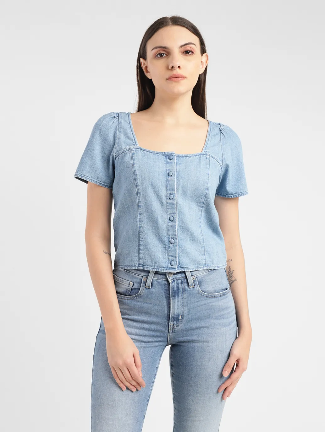 Women's Solid Light Indigo Square Neck Baggy Top - Image 2