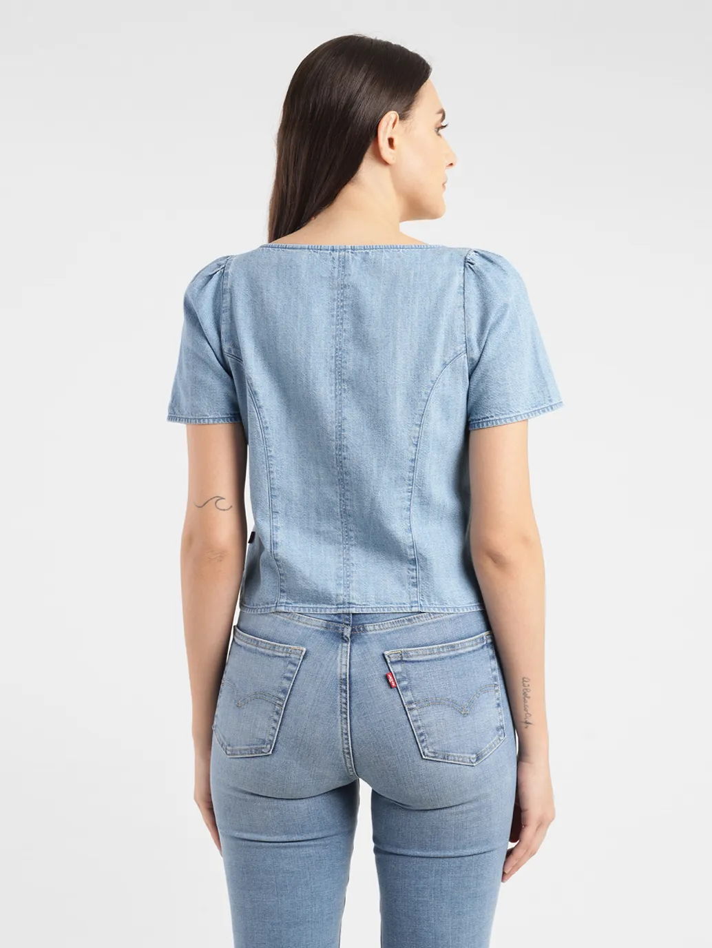 Women's Solid Light Indigo Square Neck Baggy Top - Image 3