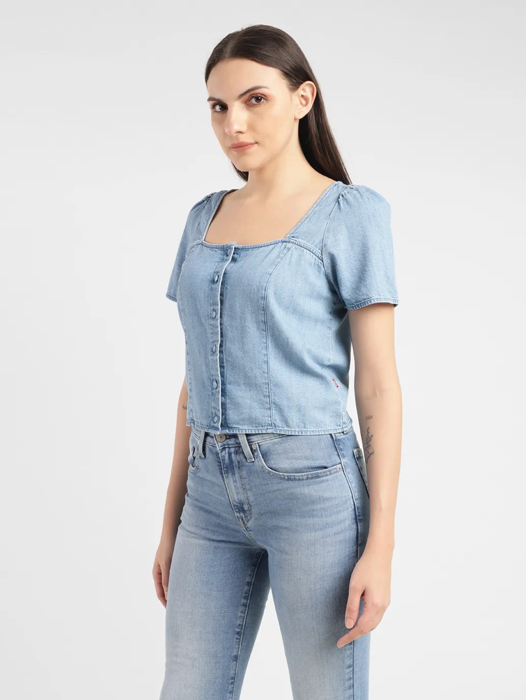 Women's Solid Light Indigo Square Neck Baggy Top - Image 4