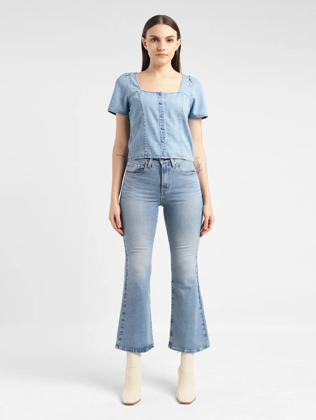Women's Solid Light Indigo Square Neck Baggy Top - Image 6