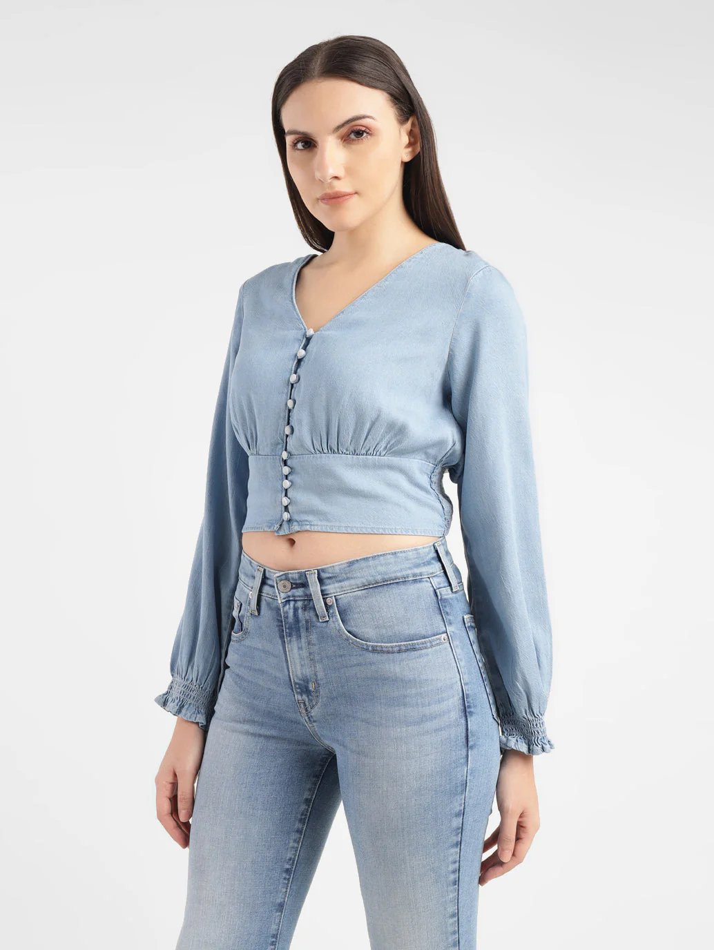 Women's Solid Light Blue V Neck Top - Image 5