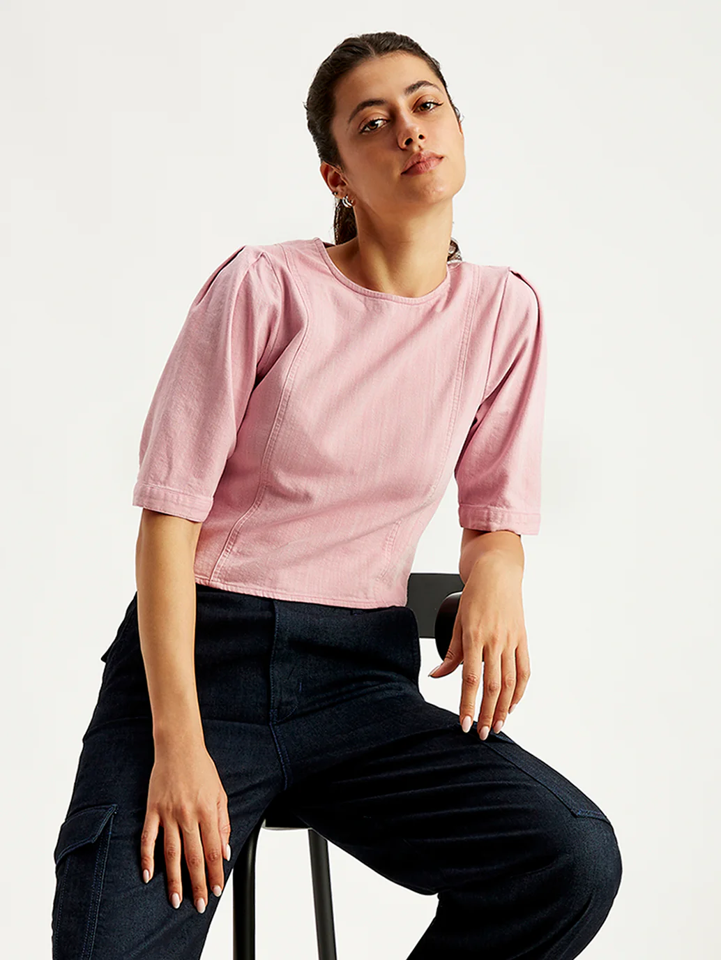 Women's Solid Light-Pink Round Neck Top - Image 3