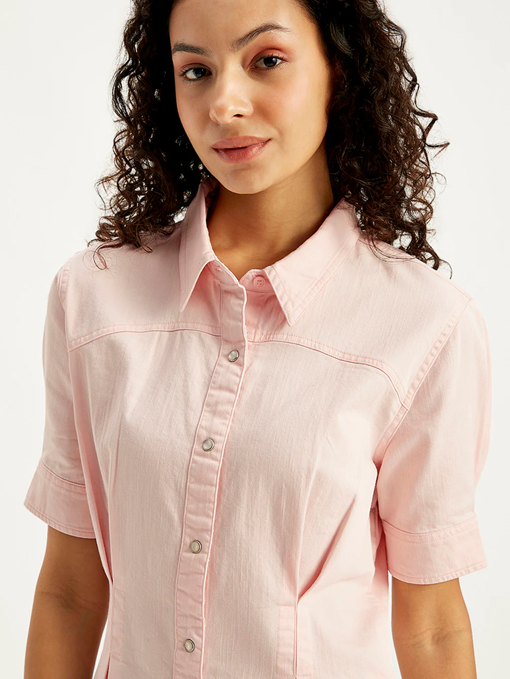 Women's Solid Light Pink Spread Collar Shirt Dress - Image 5