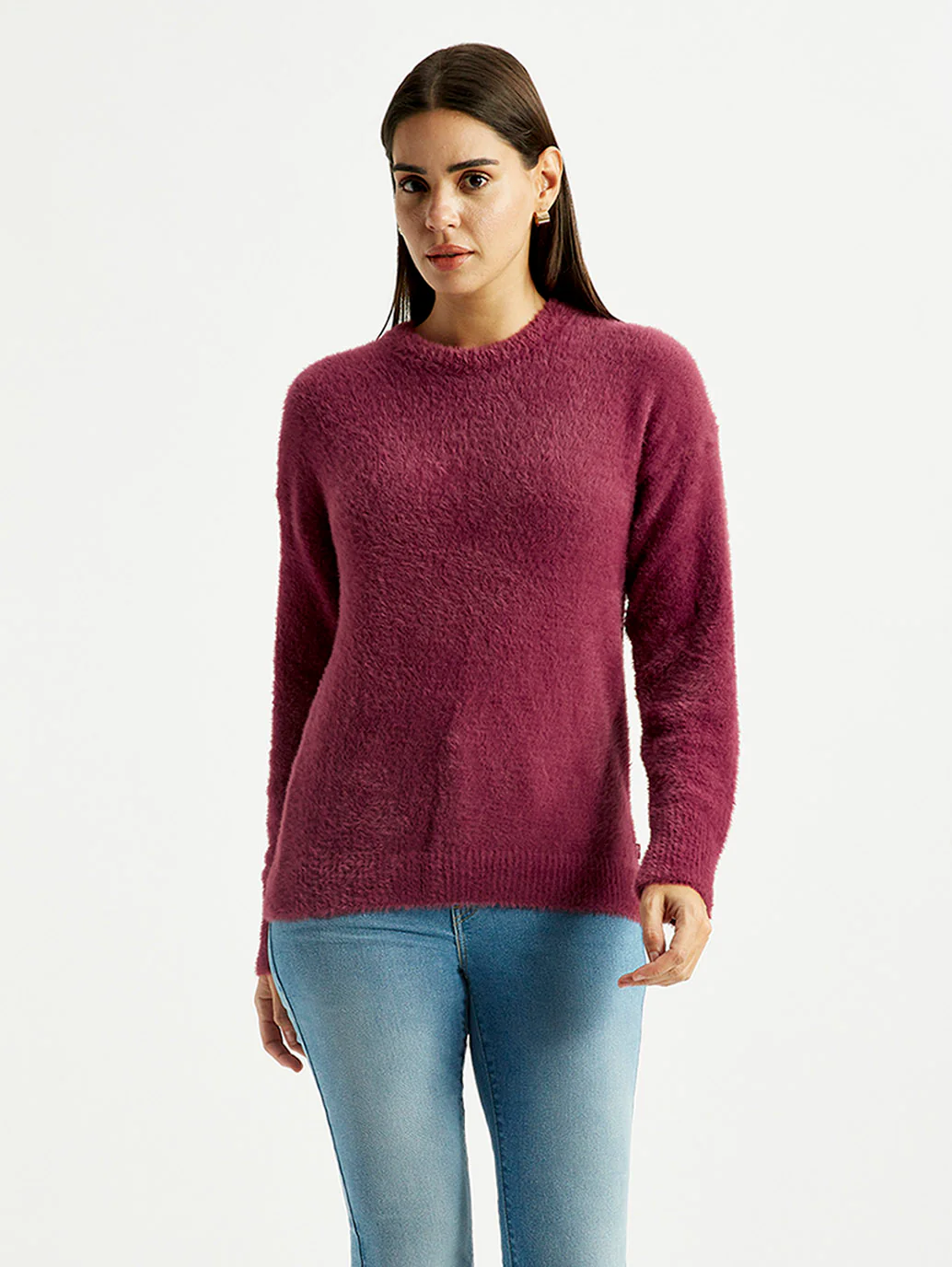 Women's Solid Maroon Crew Neck Sweater - Image 2