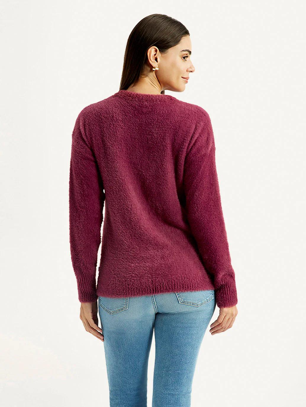 Women's Solid Maroon Crew Neck Sweater - Image 3