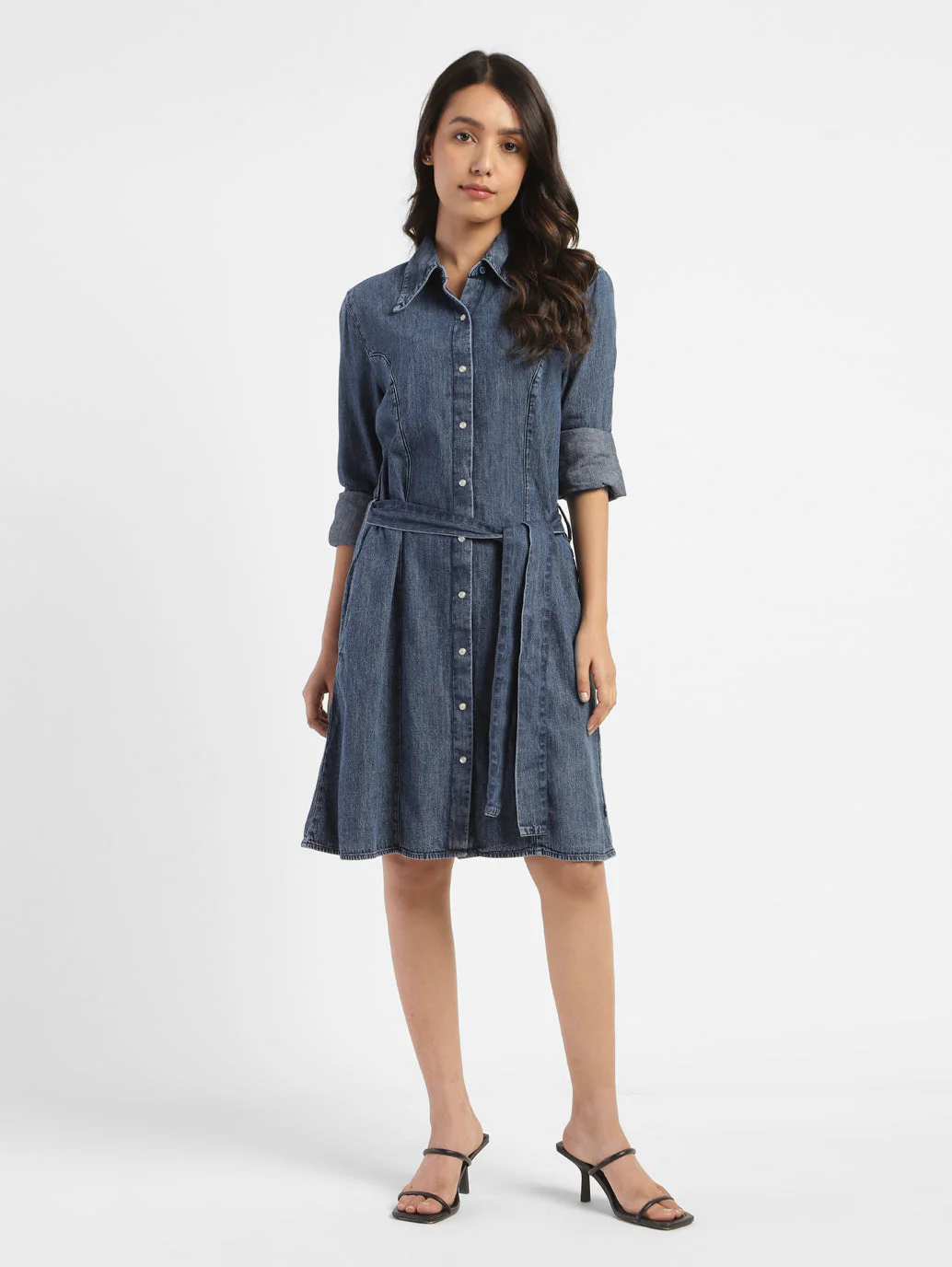 Women's Solid Mid Indigo Shirt Collar Dresses - Image 2