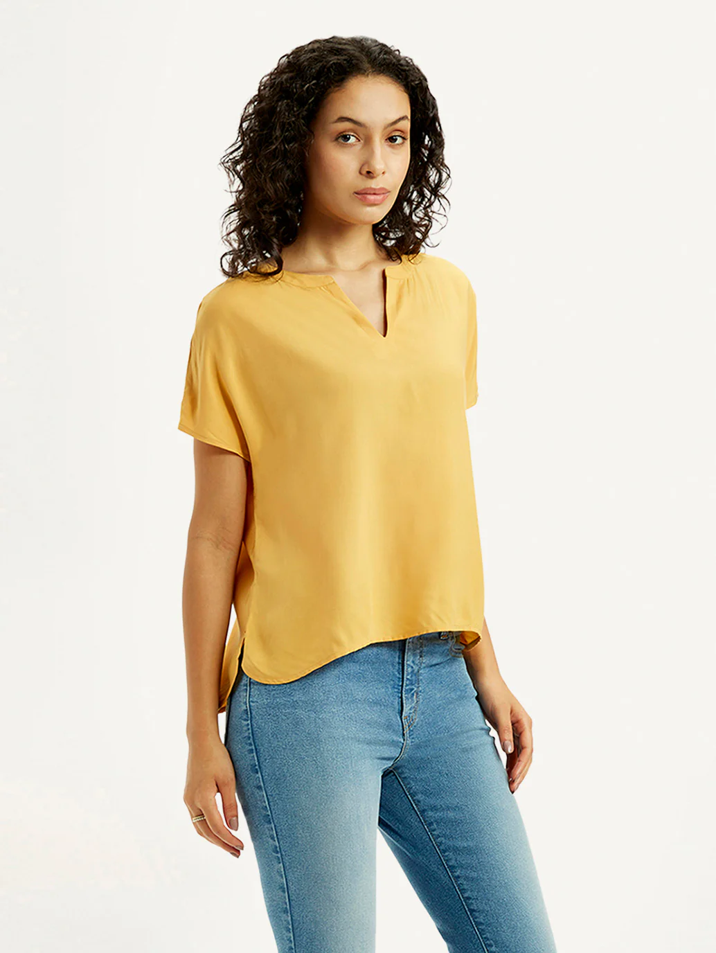Women's Solid Mustard Split Neck Top - Image 4