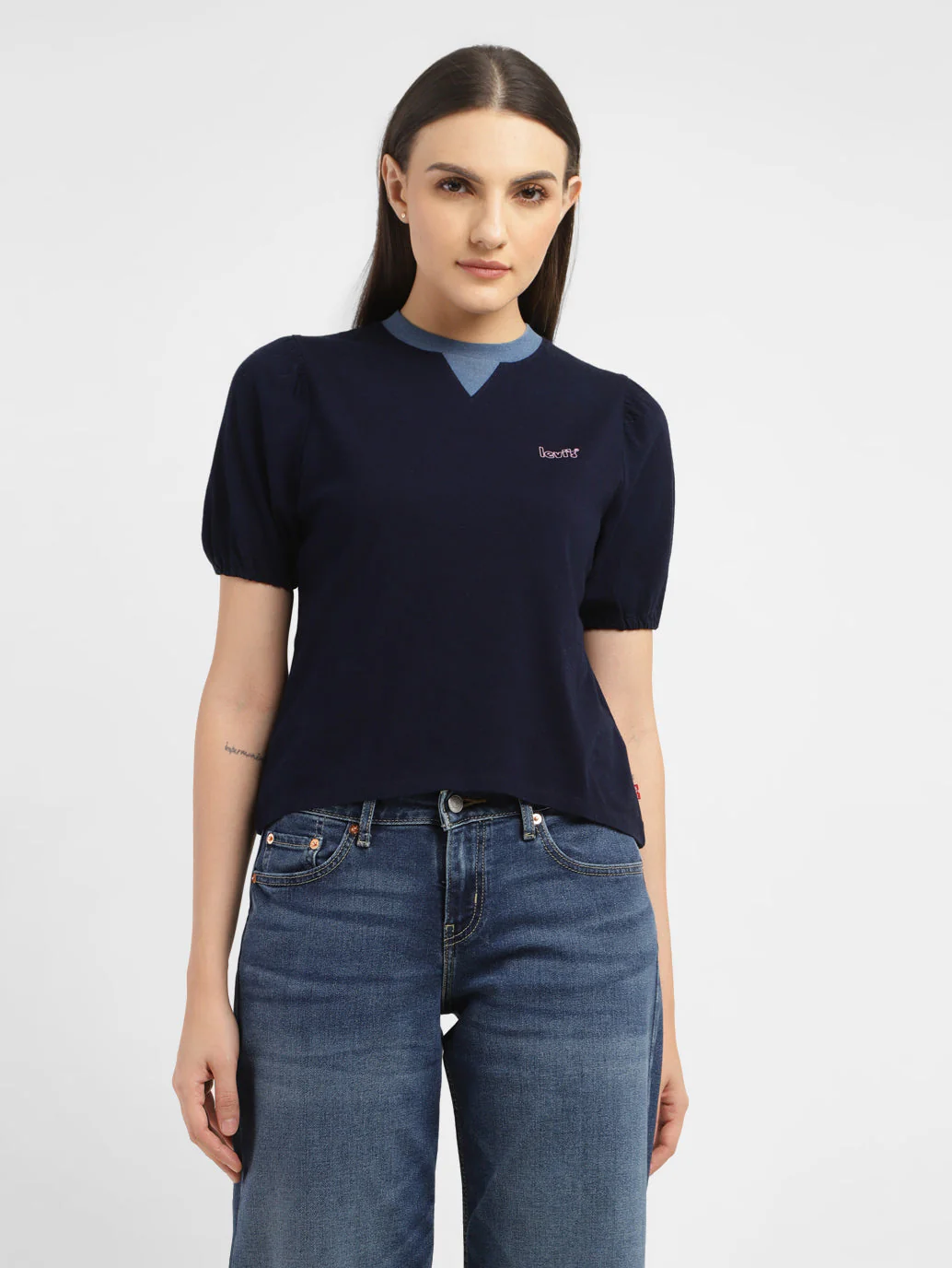 Women's Solid Navy Crew Neck Top - Image 2