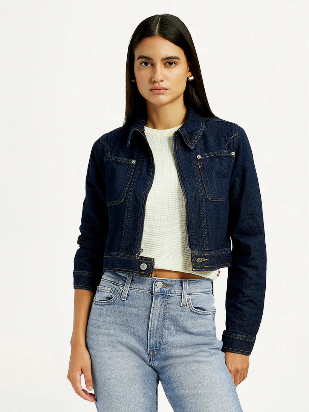 Women's Solid Navy Denim Jacket - Image 2