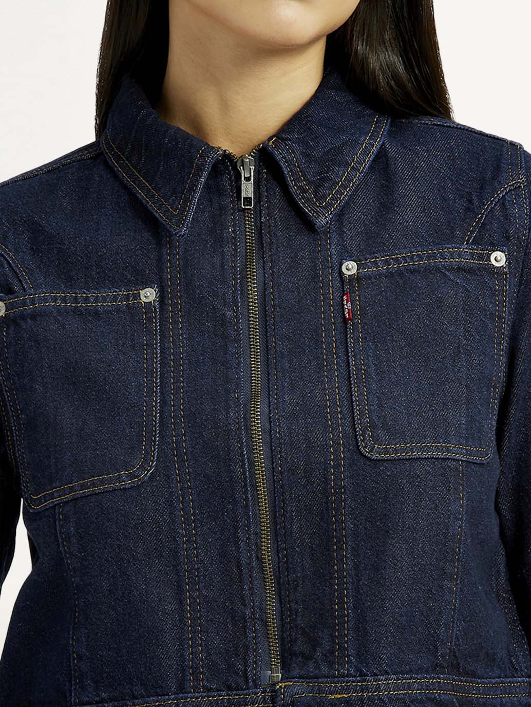 Women's Solid Navy Denim Jacket - Image 4