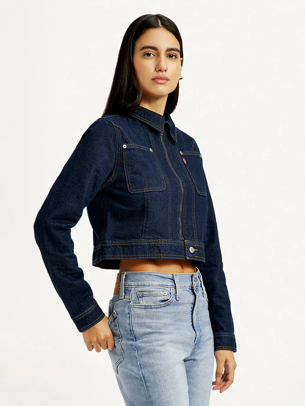 Women's Solid Navy Denim Jacket - Image 5