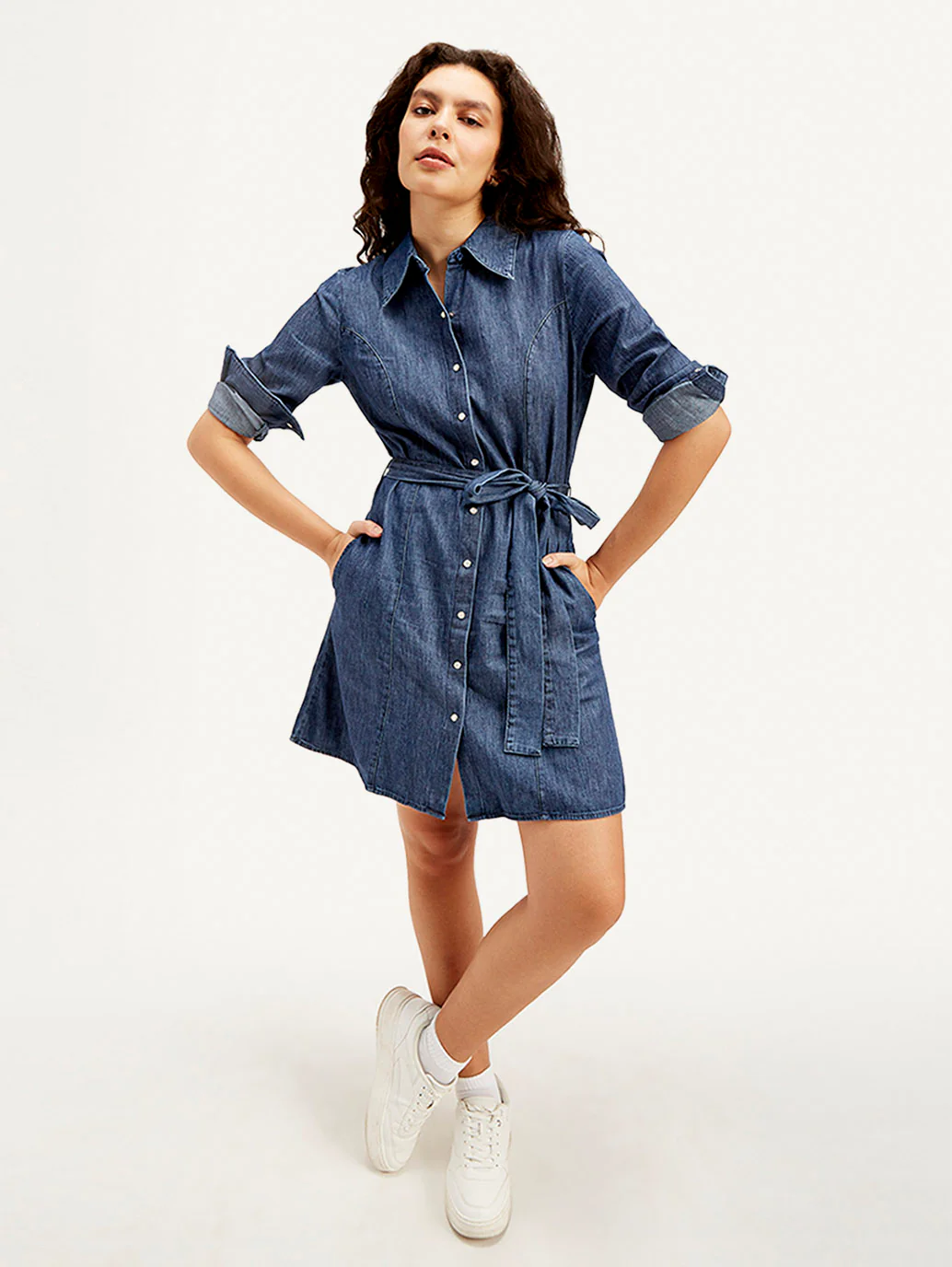 Women's Solid Navy Spread Collar Dress - Image 3