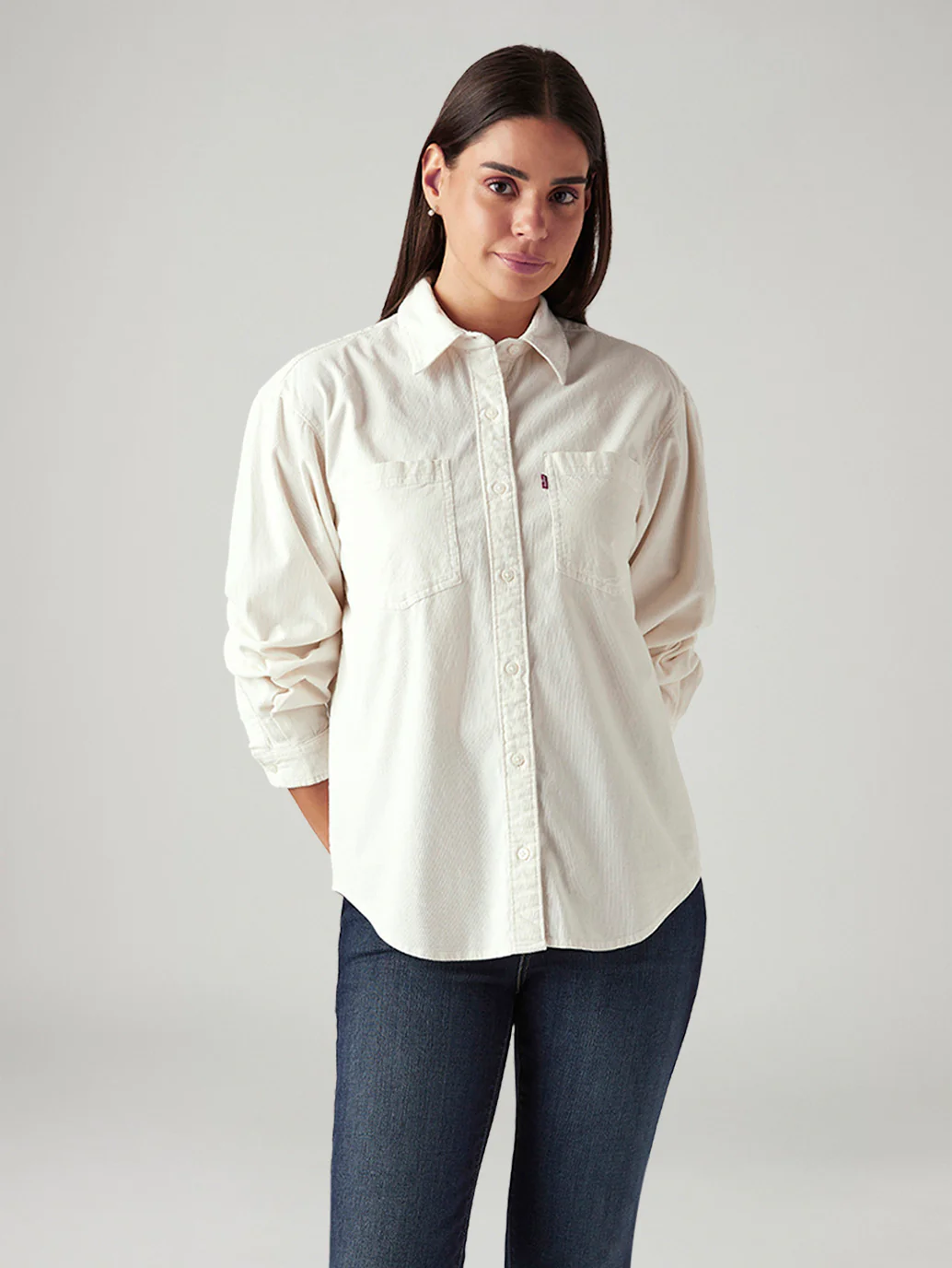 Women's Solid Off White Spread Collar Shirt