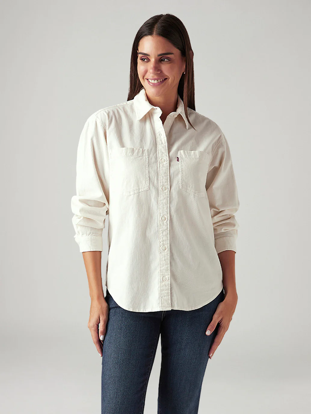 Women's Solid Off White Spread Collar Shirt - Image 2