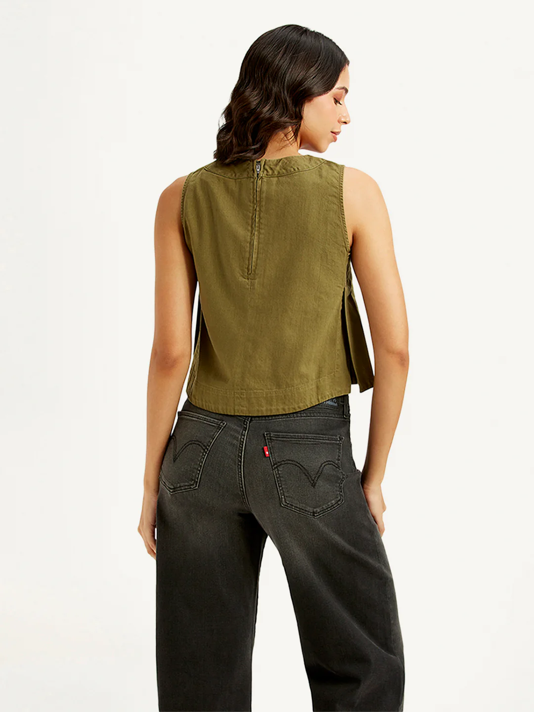 Women's Solid Olive Round Neck Crop Top - Image 2