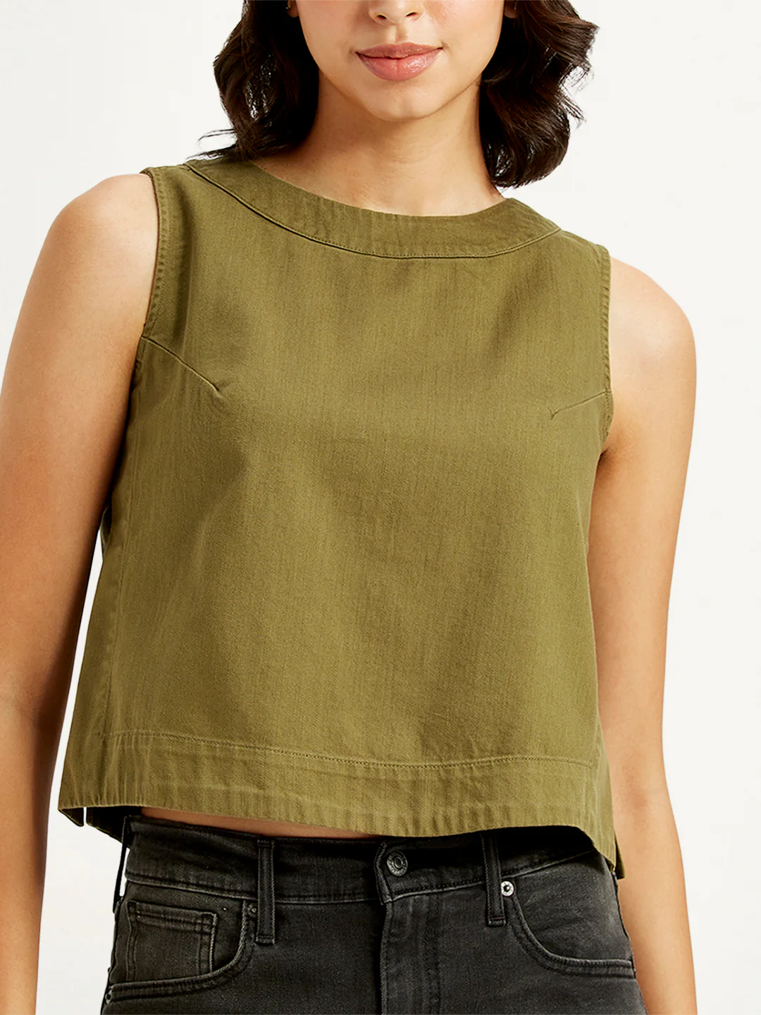 Women's Solid Olive Round Neck Crop Top - Image 3