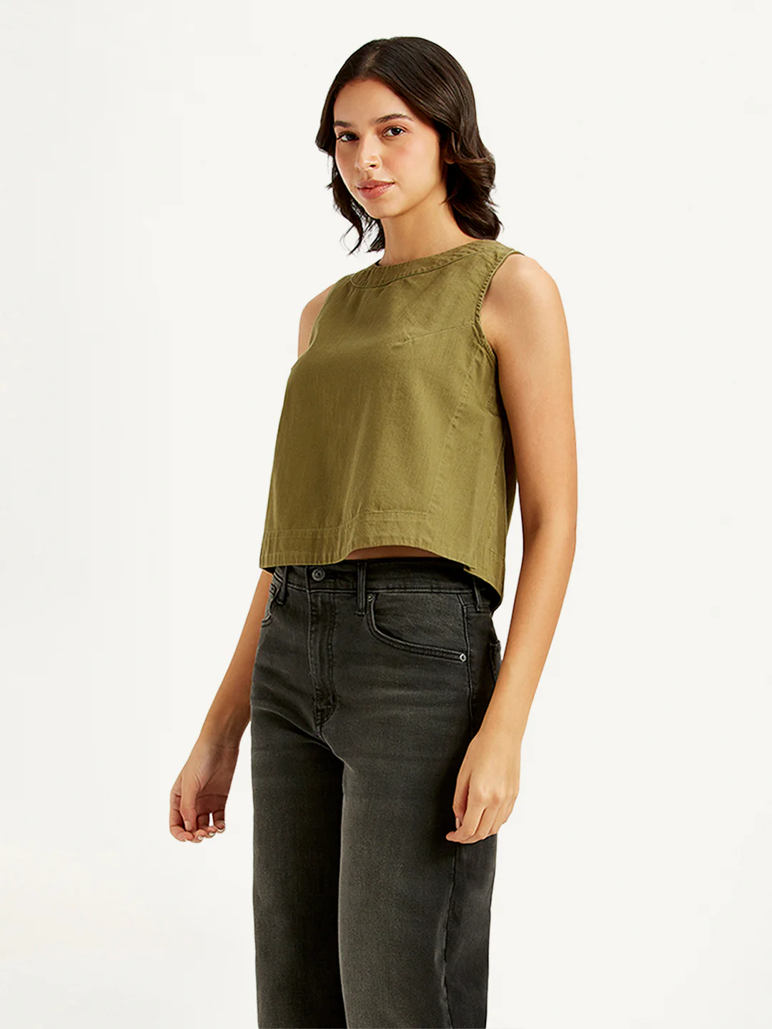 Women's Solid Olive Round Neck Crop Top - Image 4