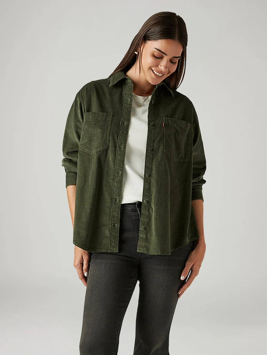 Women's Solid Olive Spread Collar Shirt