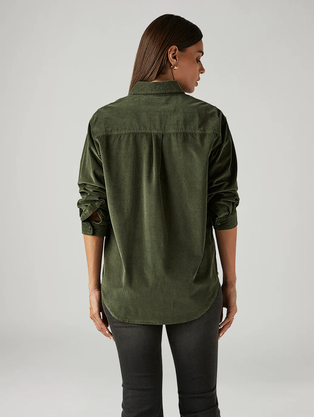 Women's Solid Olive Spread Collar Shirt - Image 2