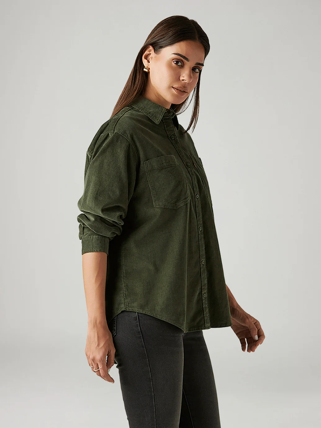 Women's Solid Olive Spread Collar Shirt - Image 4