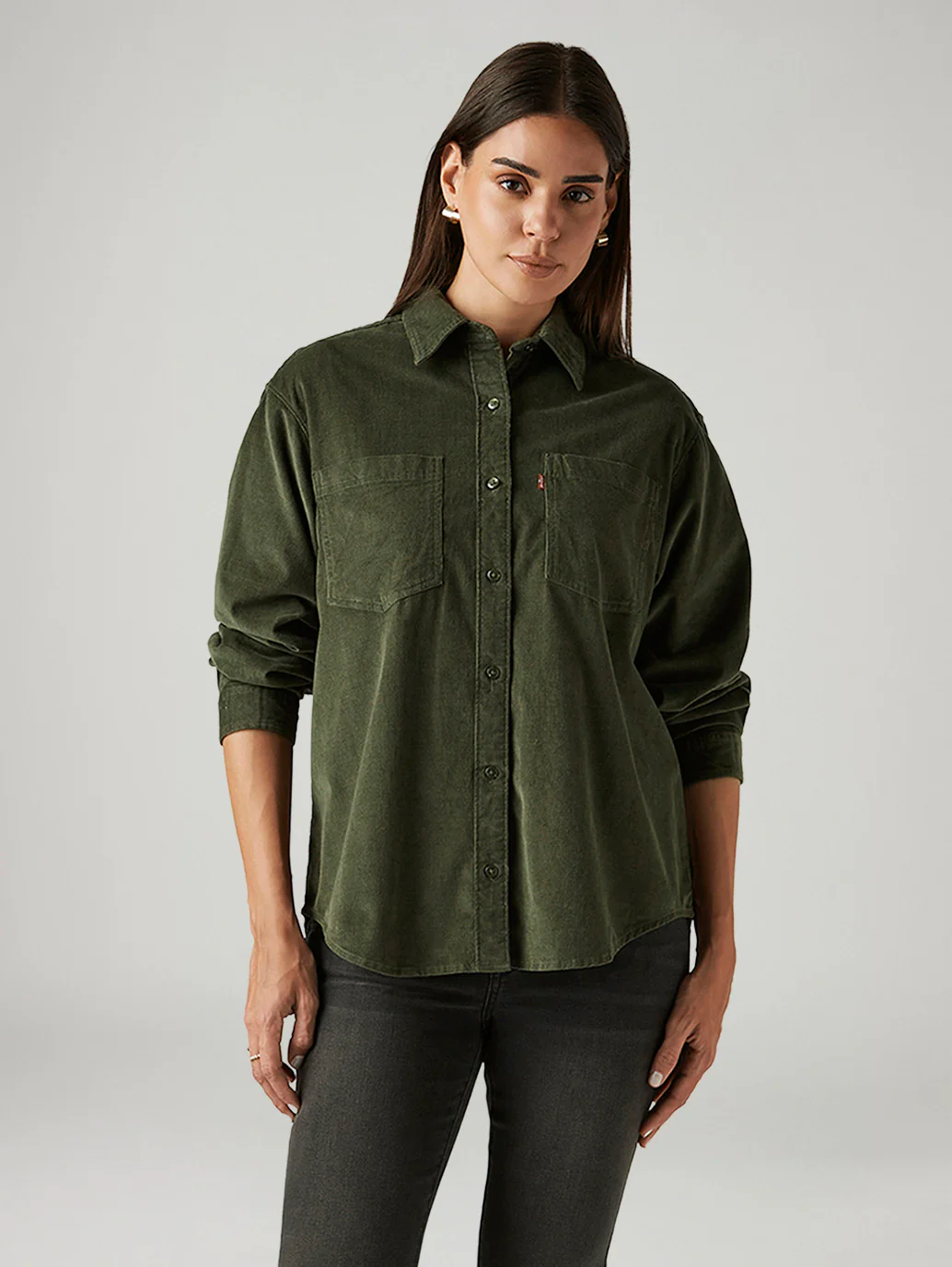 Women's Solid Olive Spread Collar Shirt - Image 5