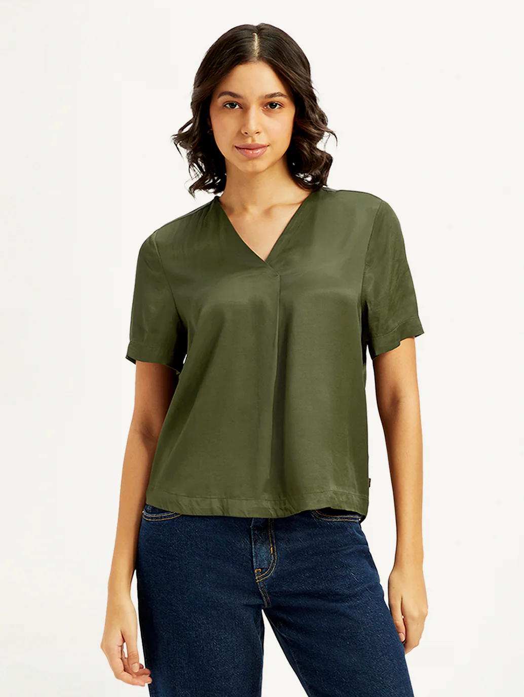Women's Solid Olive V-Neck Top - Image 3