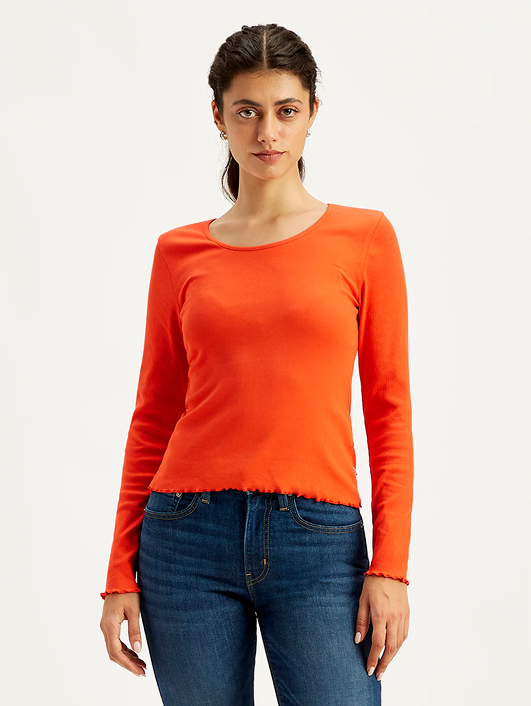 Women's Solid Orange Round Neck Top - Image 3