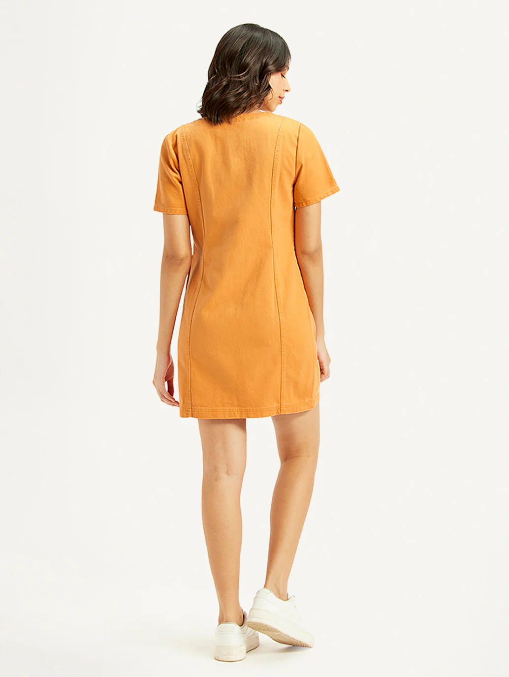 Women's Solid Orange V-Neck Dress - Image 3
