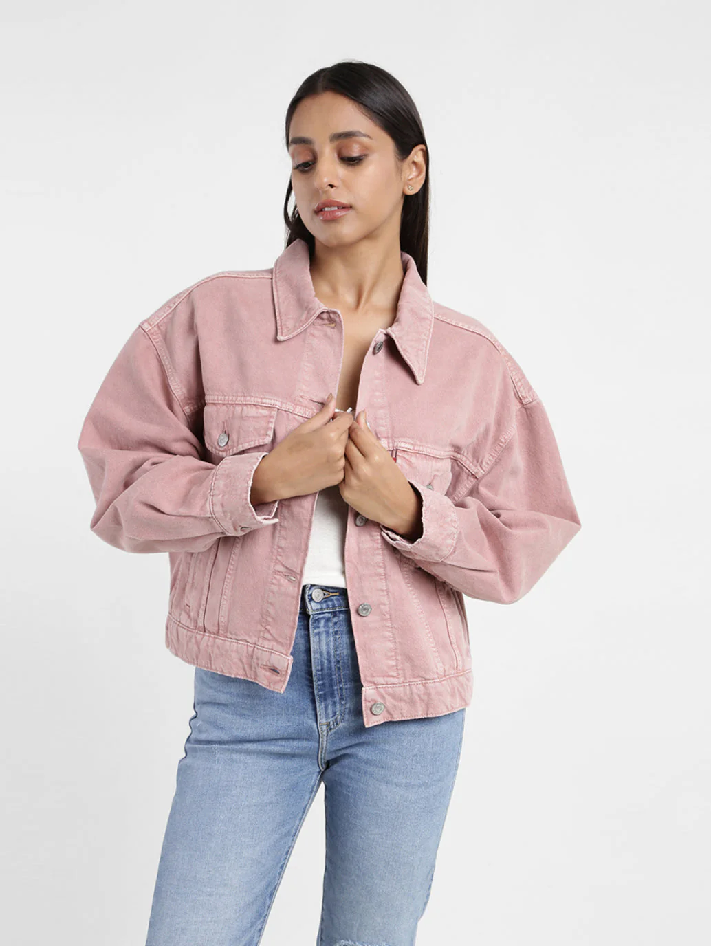 Women's Solid Pink Collar Neck Trucker Jacket - Image 2