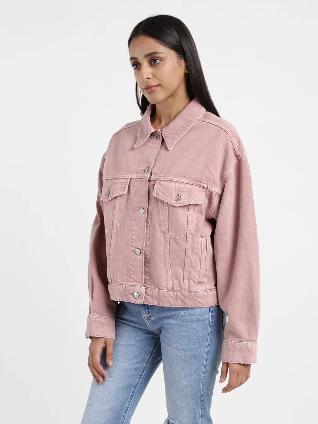 Women's Solid Pink Collar Neck Trucker Jacket - Image 4